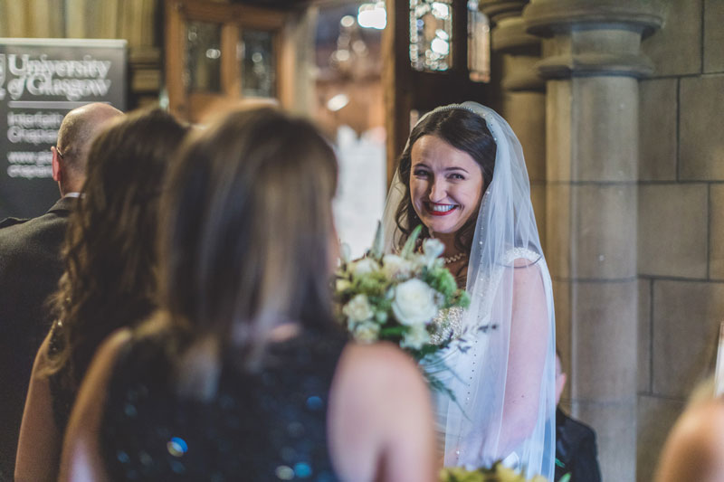 Bride ready to walk down the aisle at Glasgow University Memorial Chapel