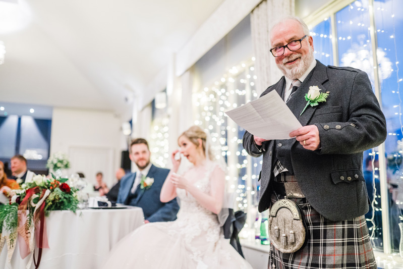 Father of bride delivers speech with bride in tears Carlowrie Castle wedding