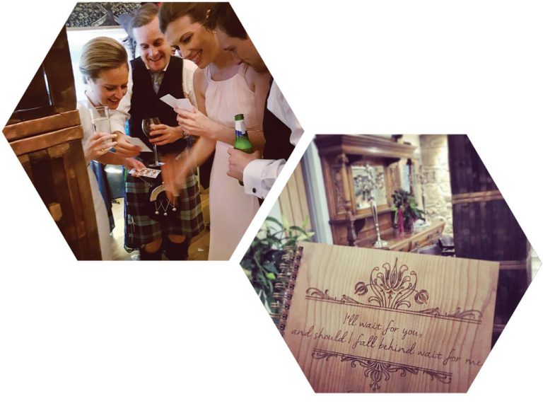 photo-booth-hire-prices-page-hexagon-images wedding guests enjoying a photo booth hire with whisky barrel booth and bespoke wooden guest book