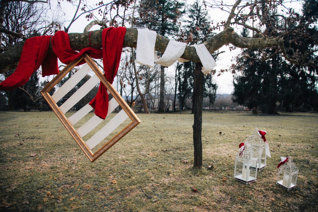 wedding location set with trees and wedding decorations