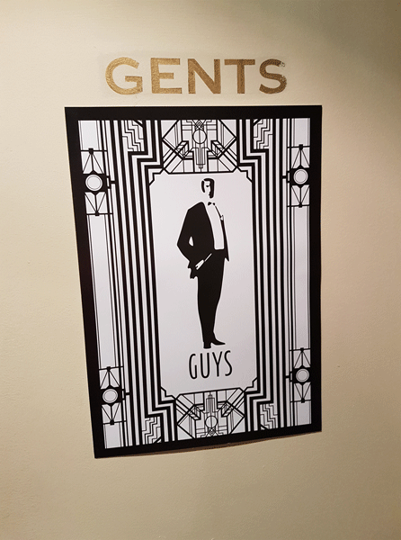 Gatsby themed wedding Oran Mor Glasgow Scotland toilet sign Odd Box photo booth