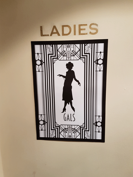 Gatsby themed wedding Oran Mor Glasgow Scotland toilet sign Odd Box photo booth