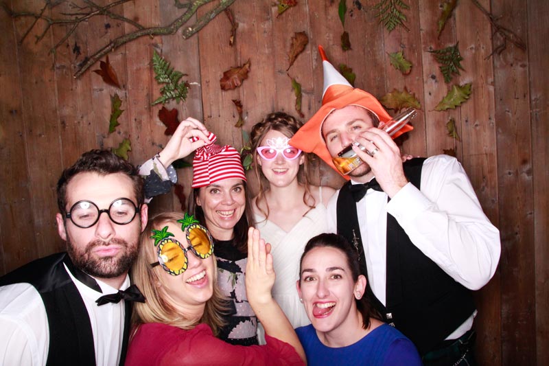 The Byre At Inchyra Wedding Photo Booth Guests Posing Autumn Backdrop