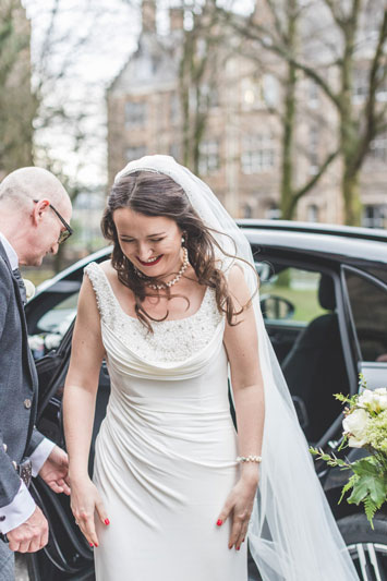 Philippa's Wedding Dress outside Glasgow University Memorial Chapel