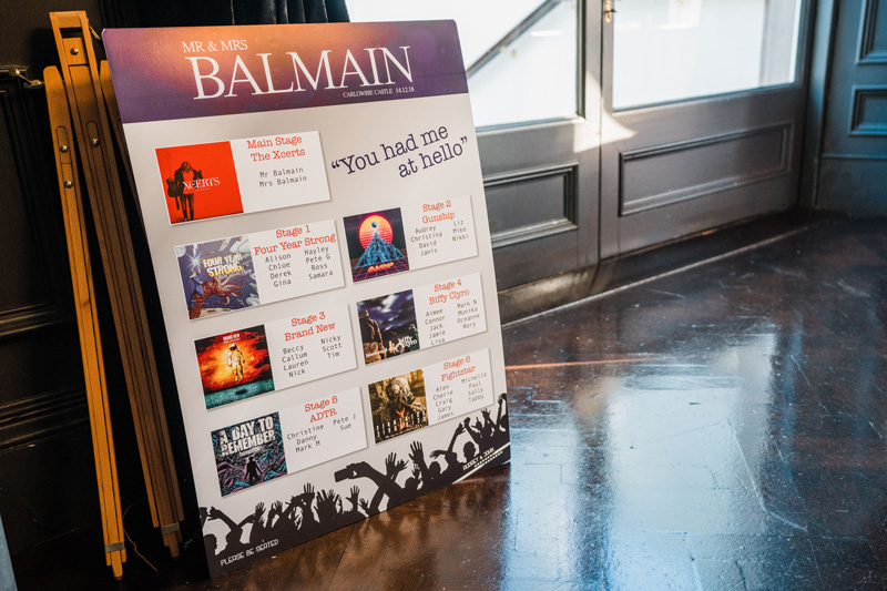 Band Music inspired table plan at Carlowrie Castle Wedding Edinburgh