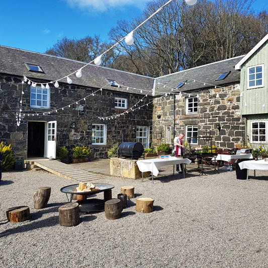 Beetroot and Chocolate set up in Comrie Croft Courtyard