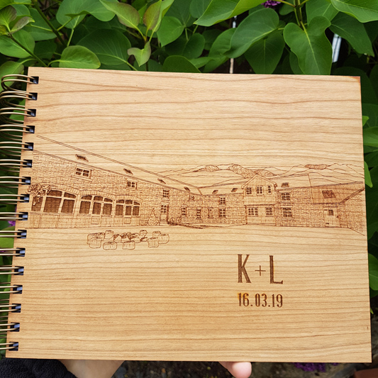 Comrie Croft Courtyard Custom Wooden Guest Book by Alfalfa Designs