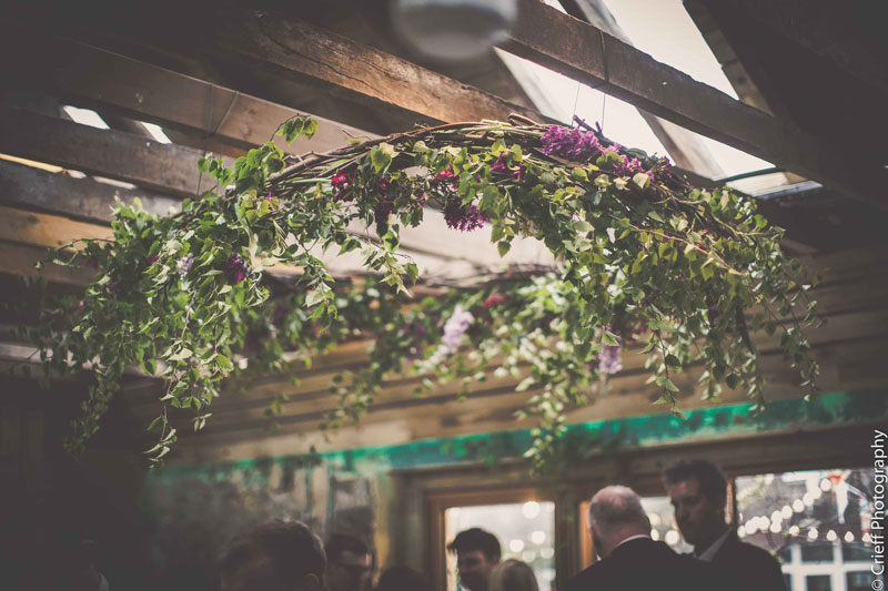 Hanging evergreen floral arrangement at Comrie Croft