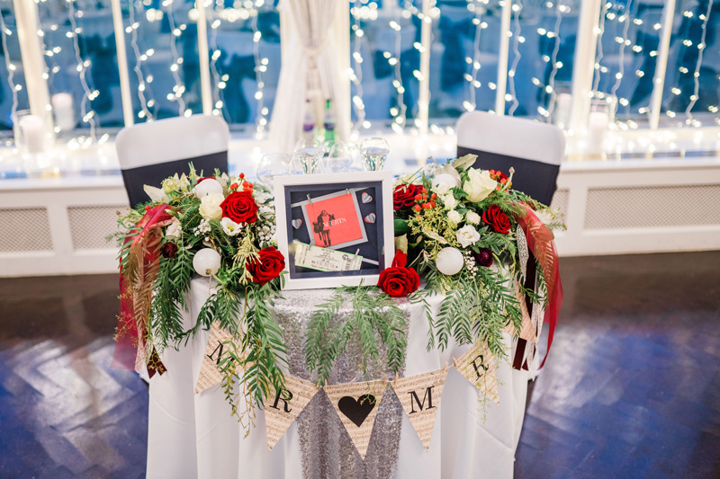 Music inspired table names with flowers Carlowrie Castle