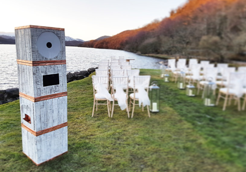 bride in wedding white photo booth Lochside House Hotel Scotland Odd Box